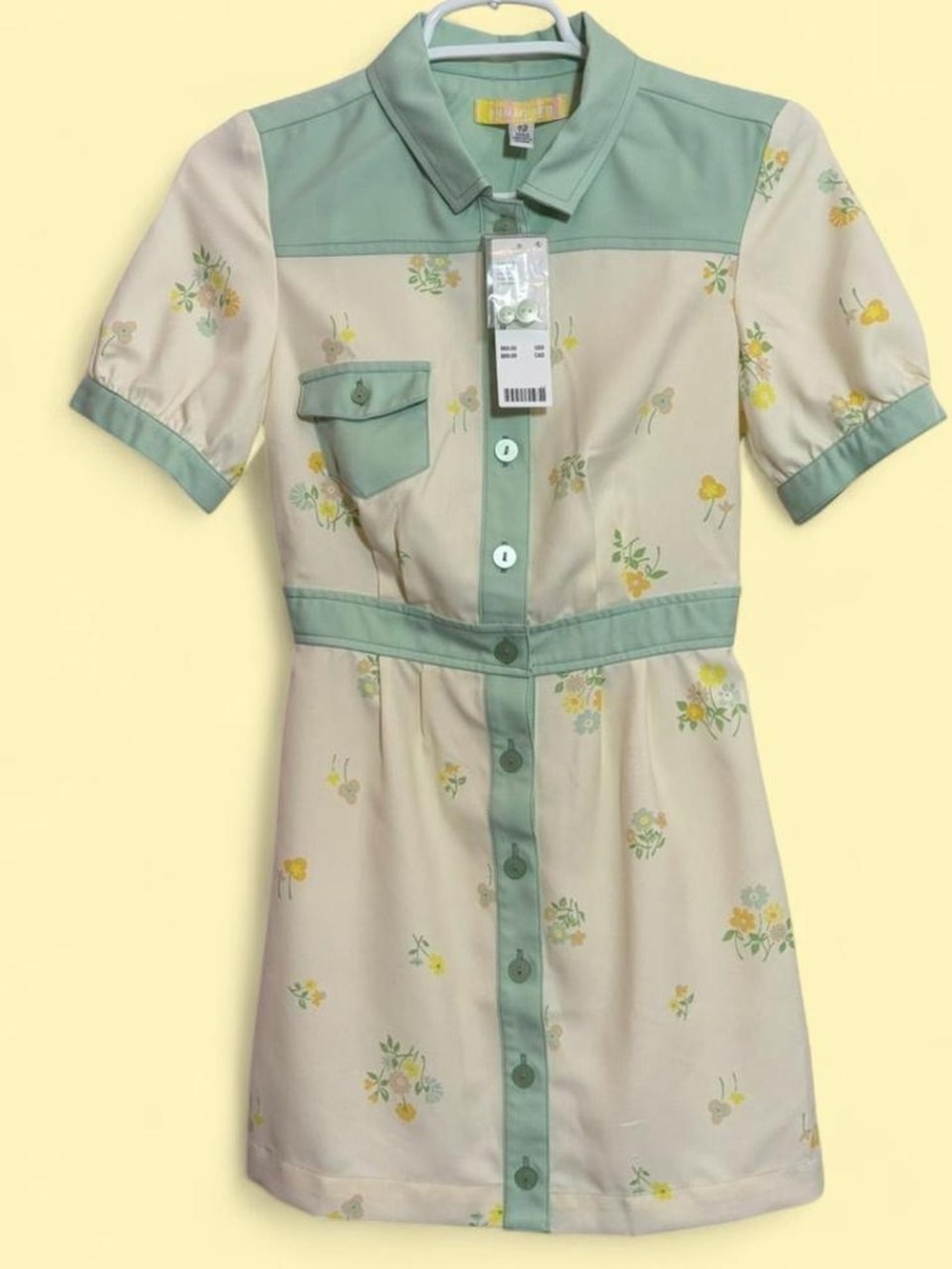Urban Outfitters Cream Dress with Mint Green Trim and Yellow Floral Print